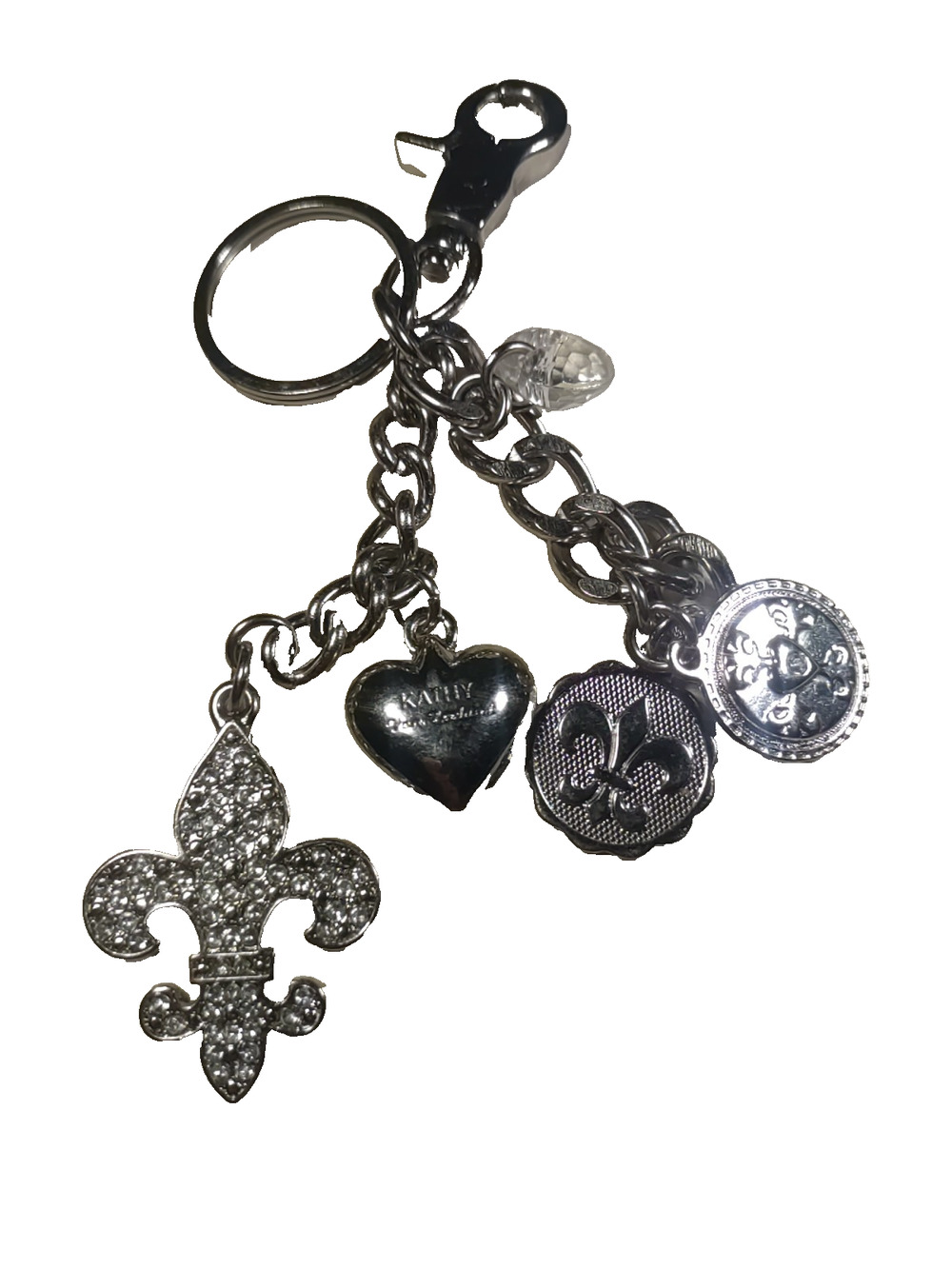 Kathy Van Zeeland Silver Tone Keychain Heart Charms Fleur De Lis Purse Clip